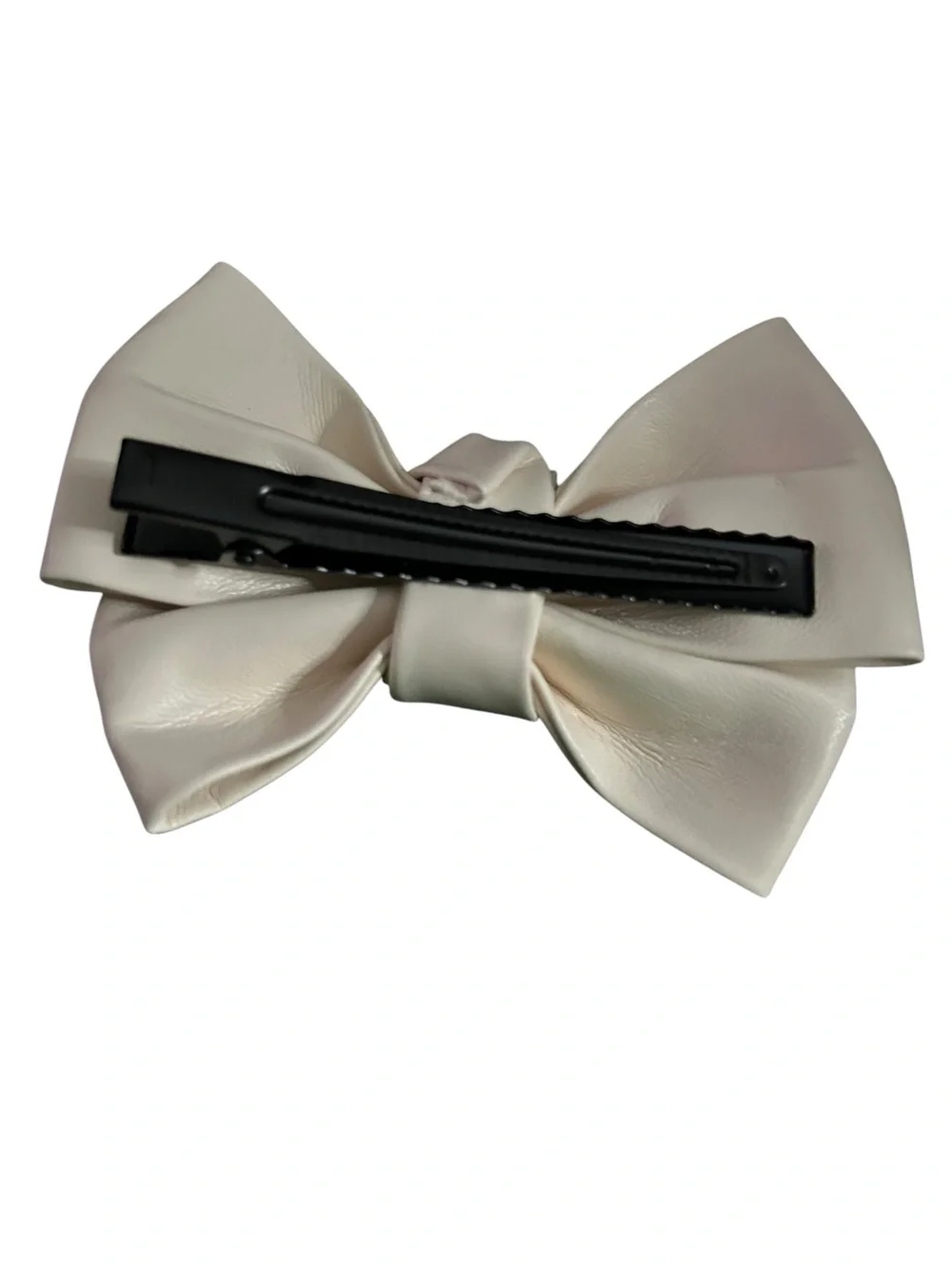 Cream leather Bow Hair Clip with Triangle Logo